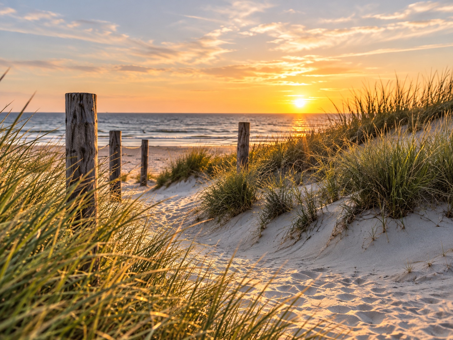 Dünenpfad mit Strandhafer und Holzpfählen im Abendlicht