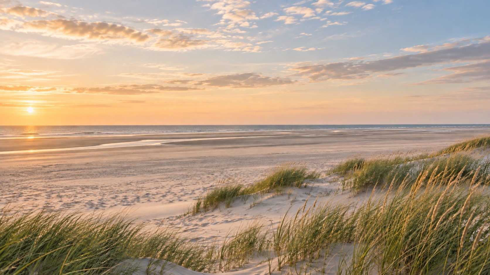 Weiter Nordseestrand mit D&uuml;nen und Strandhafer bei warmem Abendlicht