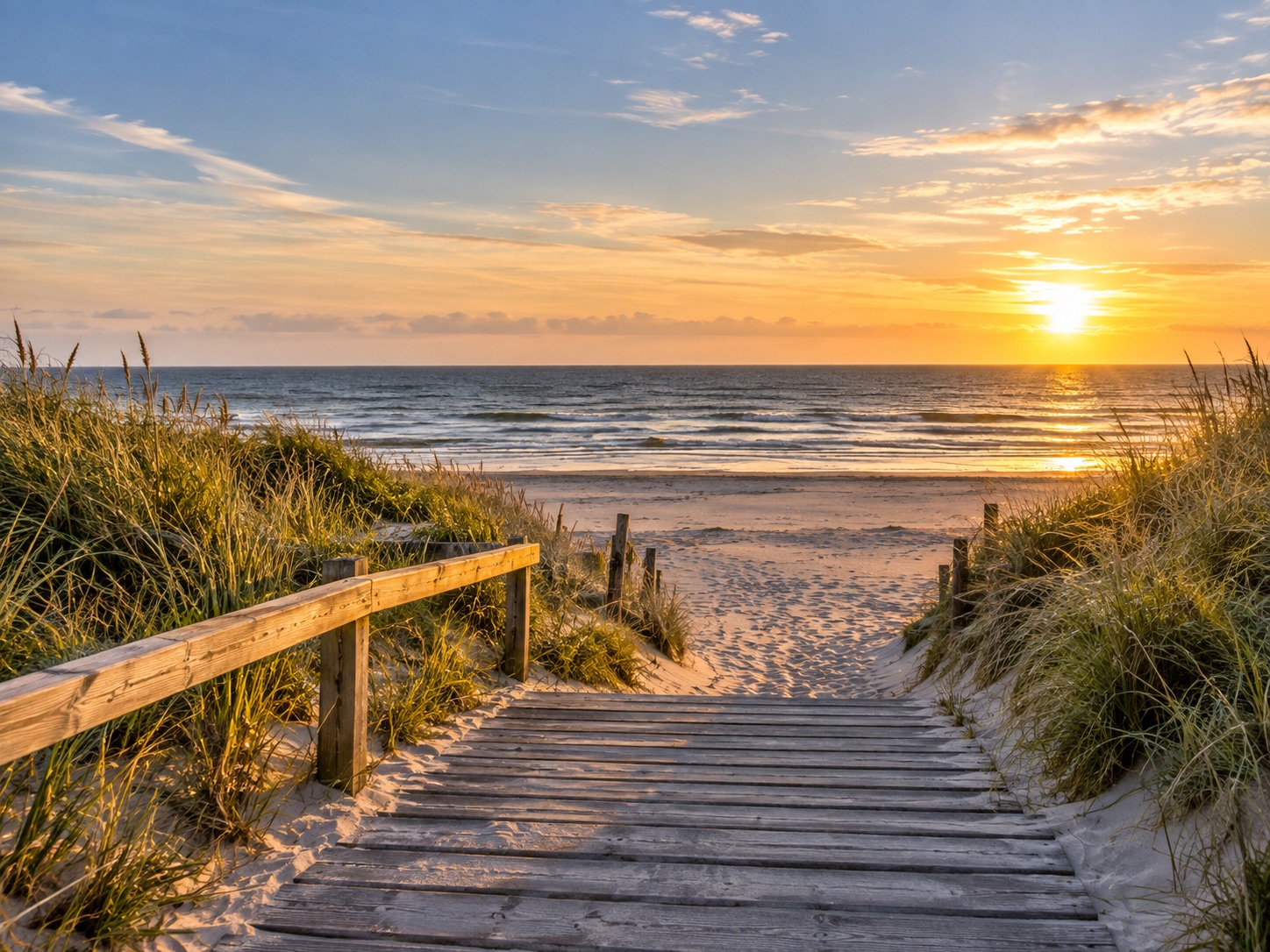 Holzsteg durch die Dünen zum Strand bei Sonnenuntergang